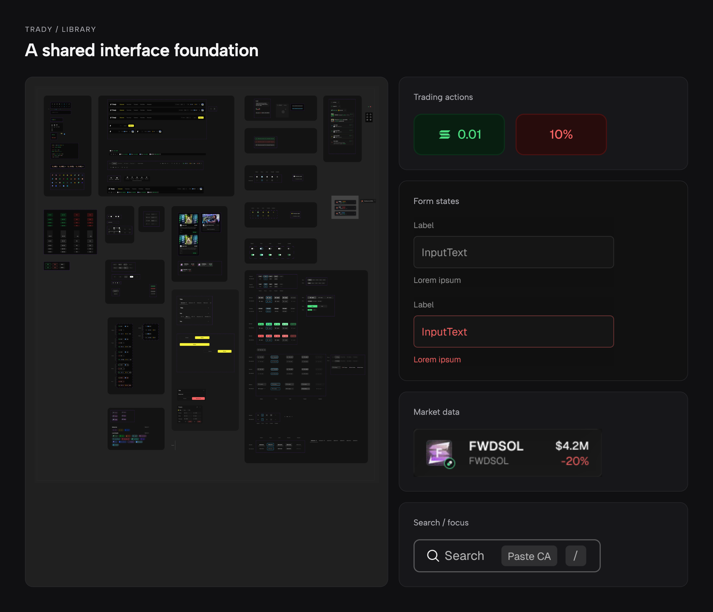 Trady design system overview: a shared interface foundation showing the full component library