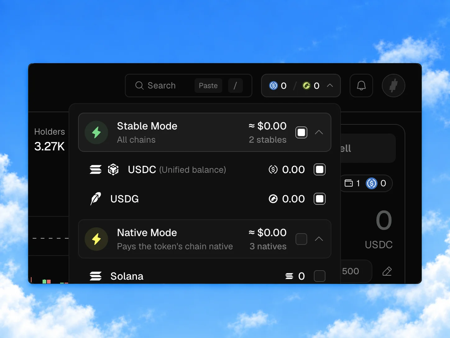 V2 cross-chain balance selector: Stable Mode showing a unified USDC balance across all chains, and Native Mode showing per-chain native balances for Solana, BNB, and ETH